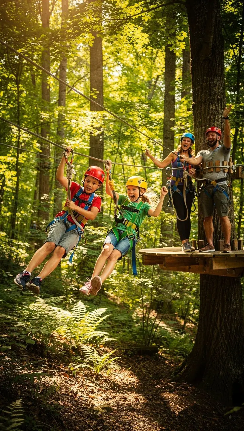 A family exploring a scenic hiking trail in the Slovak mountains, surrounded by lush greenery.