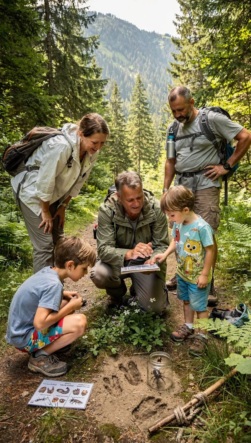 Children playing by a picturesque lake, enjoying a sunny day while their parents set up a picnic nearby.