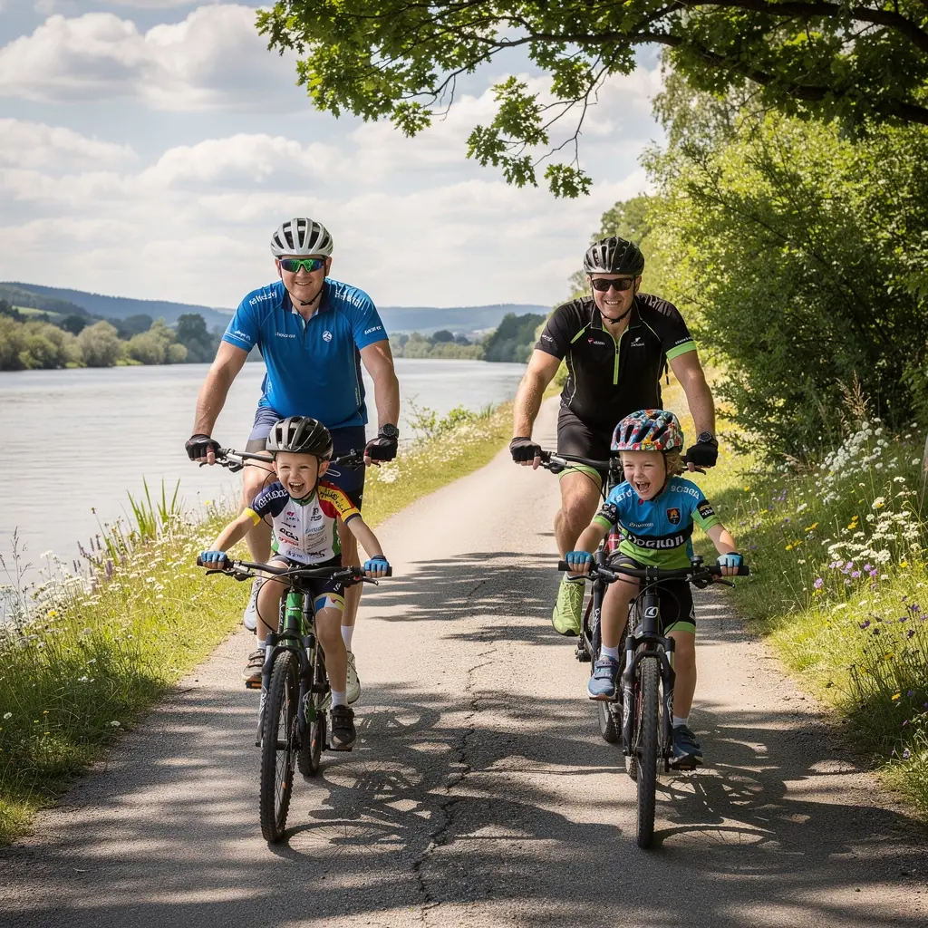 Parents and children biking along a charming village path, experiencing the local culture and vibrant scenery together.